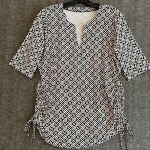 Lands End Swim Top Rash Guard Womens‎ L Ruched Tie Hem Stretch Beach Vacay 14-16